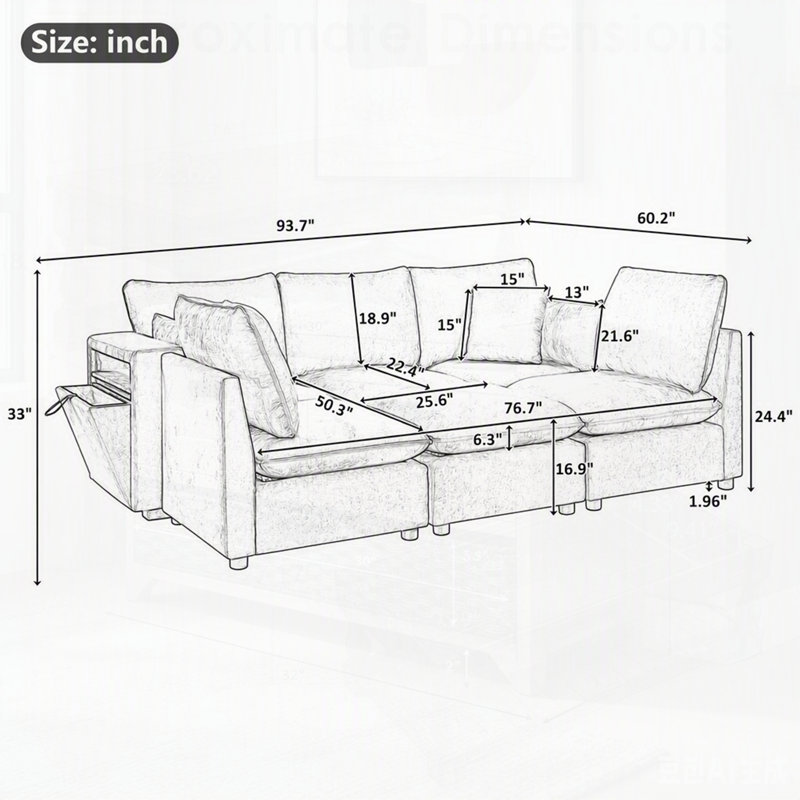Canapé modulaire moderne avec conception modulaire, repose-pieds mobile, accoudoirs de rangement et ports USB pour des espaces de vie polyvalents