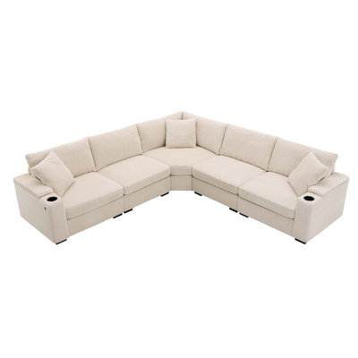 106" Convertible L Shaped Sectional Sofa,Corduroy Corner Couch with Armrest Storage,Cup Holders,USB Charger,Irregular Corner,Oversized Comfy Modular Sofa for Living Room,Apartment