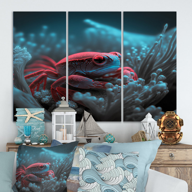 Crabe rouge dans des tons de noir et de bleu III - 3 pièces sur toile, H 28 po x l 36 po x P 1 po, Toile tendue
