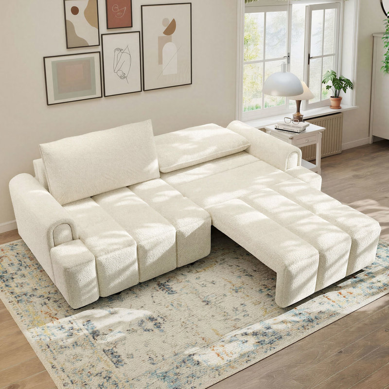 Canapé-lit surdimensionné de 90 pouces - Canapé-lit escamotable en molleton Sherpa avec rangement dissimulé sous le siège 3 en 1, beige