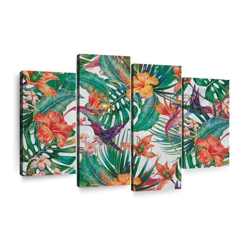 Motif de colibris tropicaux et de fleurs, ensemble de 4 pièces sur toile par Maya Blooms, H 22 po x l 36 po x P 1 po
