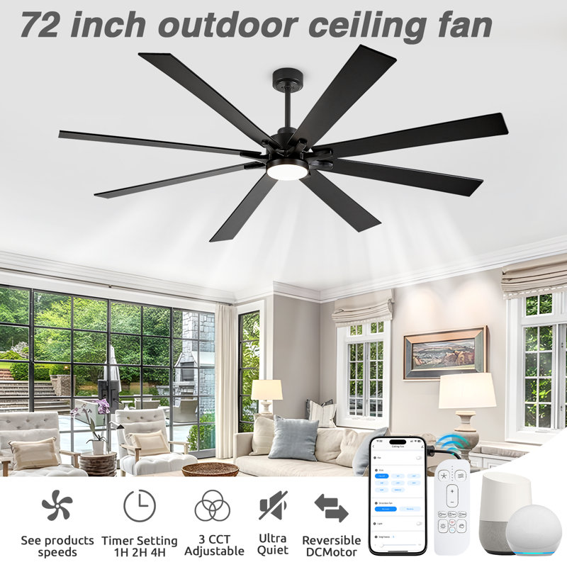 Large 8 Blade Ceiling Fan With Led Light And Smart Features, Black, Black, 72"