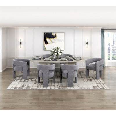 7pc Modern Dining Set Table and 6 Armchairs Gray Boucle Fabric Upholstery Stylish Luxury Restaurant Furniture