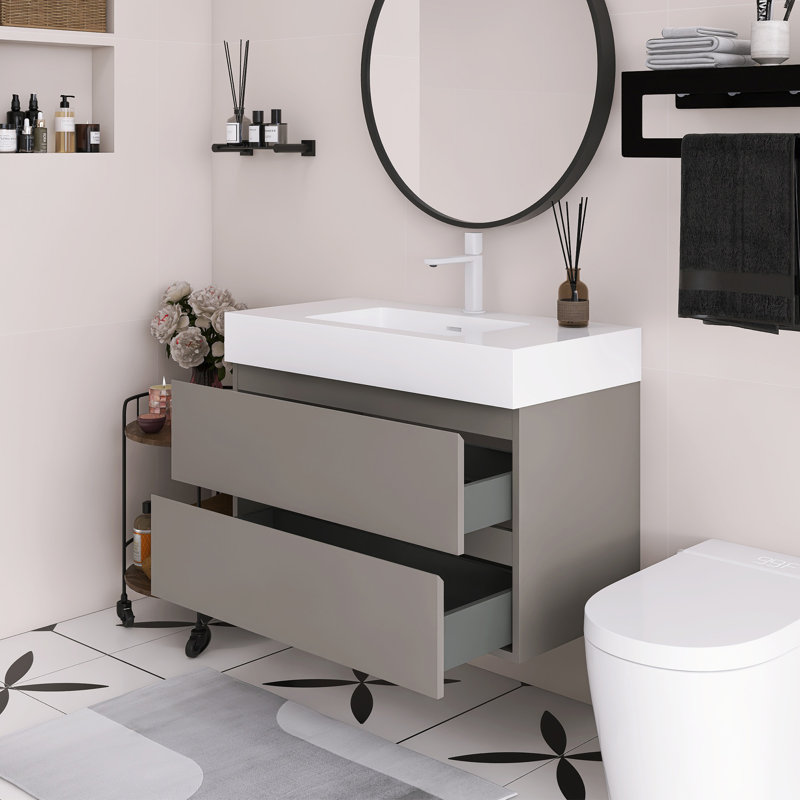Meuble-lavabo flottant mural 36 po avec lavabo, Gris, Blanc