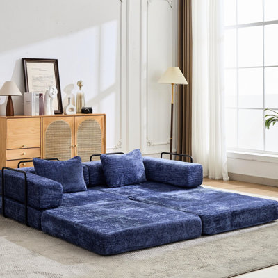 Dark Blue 2 - Seat Compression Floor Bed, Convertible With Fixed Shape Frame, Chenille Fabric, No Assembly Required For Dormitories Diy Modular Reading Areas