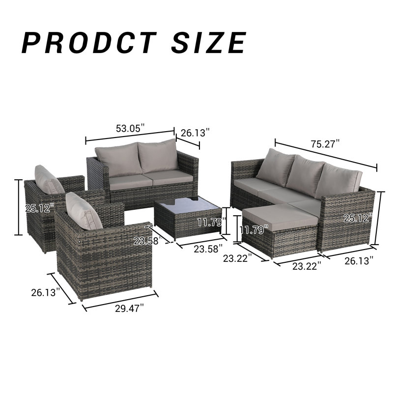 6 Piece Patio Furniture Set, Outdoor Wicker Rattan Sofa Conversation Set All Weather Patio Sectional Sofa Set With Glass Table, Cushions And Pillows For Garden, Backyard