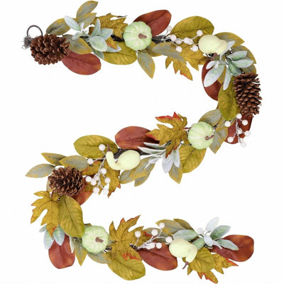 Artificial Fall Garland, 70.8 Inch Autumn Hanging Vine with Green Mini Pumpkins, Gourds, Pine Cones, White Berries and Mixed Fall Leaves, Harvest Decor Greenery for Mantel, Arch, Wall, Stair Railings, Thanksgiving Home Decor
