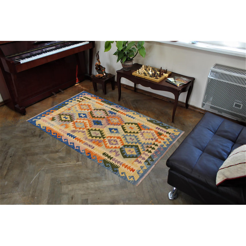Tapis beige / bleu / orange / vert en laine noué à la main Jacky