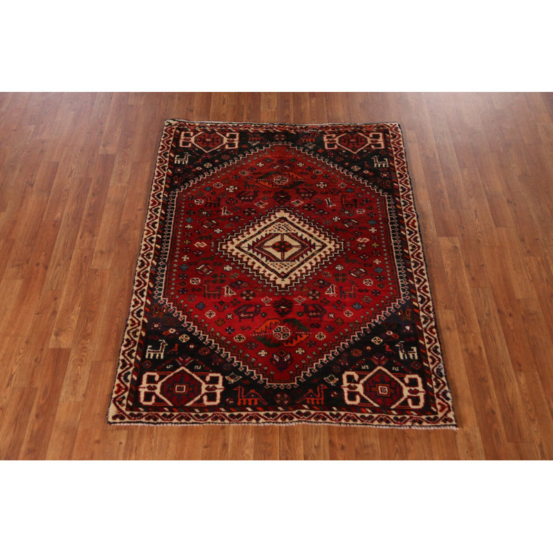 Tapis traditionnel rouge en laine à motif géométrique 4 x 5