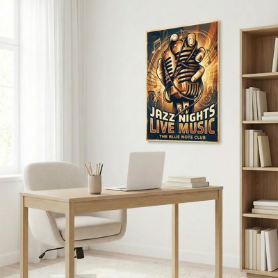 Jazz Nights Live Music Vintage Microphone Canvas Wrapped Wall Art Oil Painting Print The Blue Note Club Style (Set Of 1)