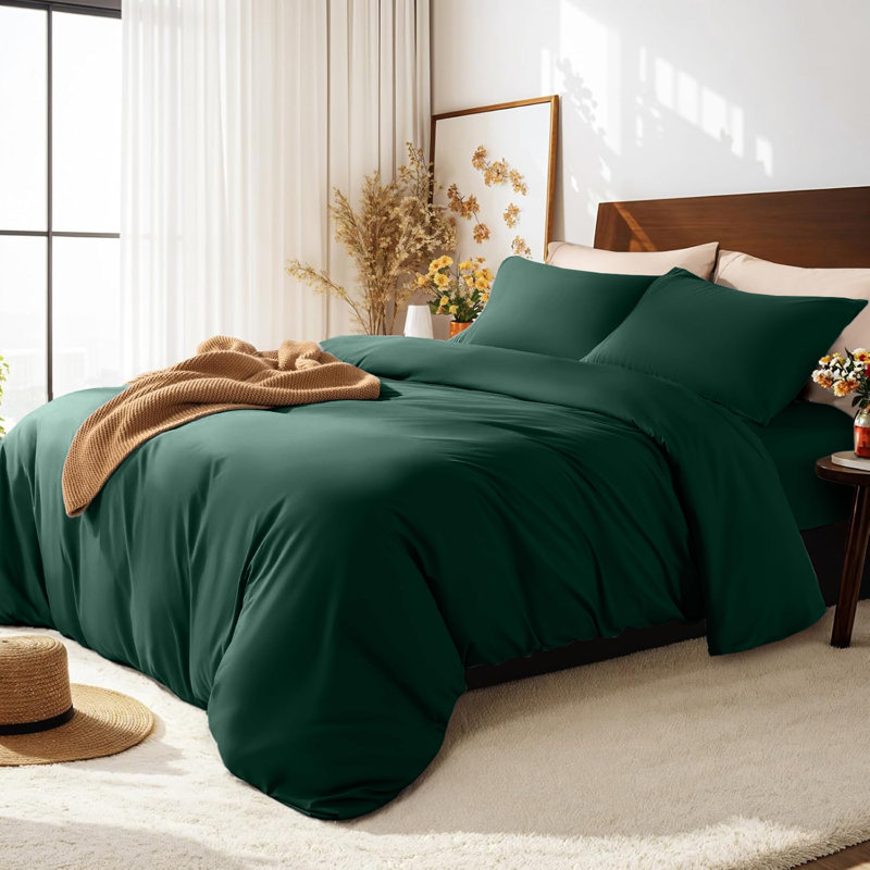 Haffa Microfiber Solid Colour Duvet Cover Set with Pillowcases Included, Double Microfiber + 3 Additional Pieces, Emerald