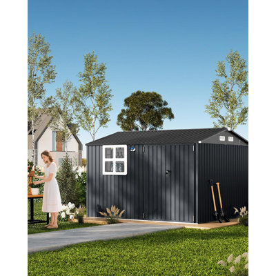 8x10 Ft Brown Outdoor Metal Garden Tool Shed with Updated Frame, Lockable Doors and Windows for Backyard and Patio
