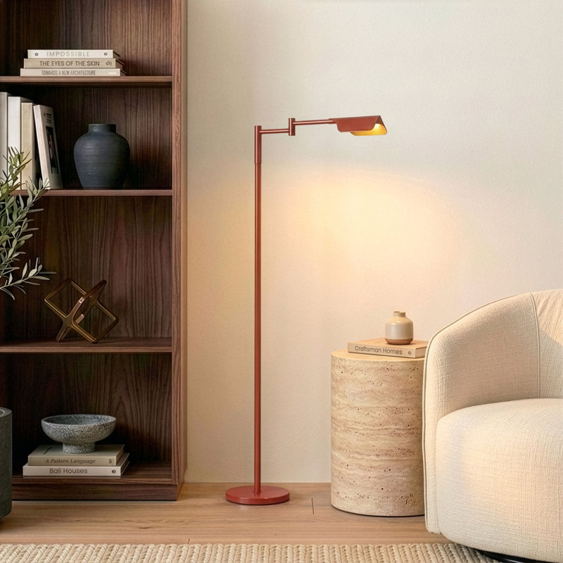 Lampadaire DEL moderne Leaf 53 po rouge brillant de style pharmacie avec bras articulé réglable, abat-jour rotatif et variateur tactile à 3 niveaux.