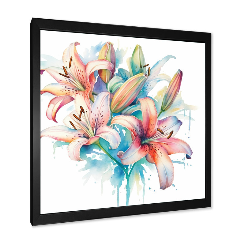 Aquarelle élégante lis pureté III sur toile, Cadre simple noir, H 16 po x l 16 po x P 1 po