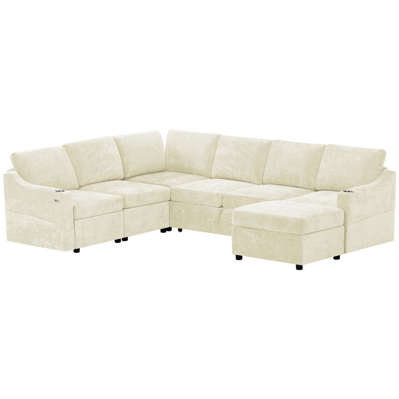 116" 7-Seats Modern Modular Sleeper Sofa With Adjustable Backrest, Chenille U-Shape Sectional Couch With Usb Charging & Pull Out Bed, Convertible Corner Sofa With Cup Holders & Ottoman For Living Room, Office
