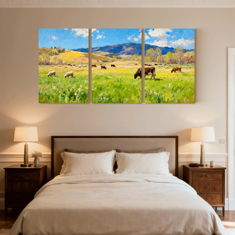 Ensemble de 3 impressions sur toile, paysage pastoral avec vaches et moutons, H 18 po x l 36 po
