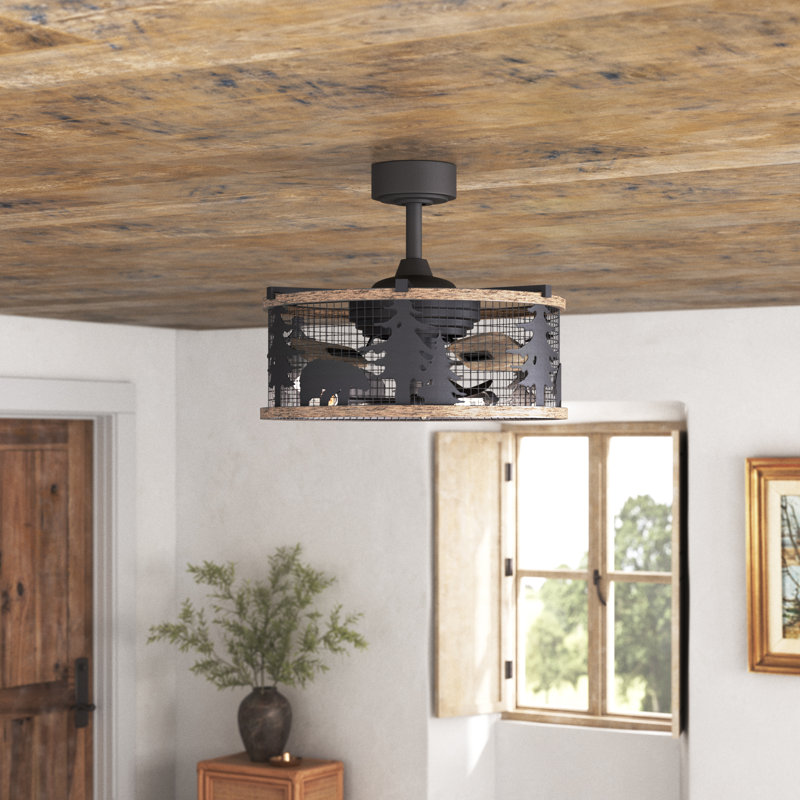 Anya 21 in. Oil Rubbed Bronze and Burnished Teak Indoor Rod Mount Rustic Fandelier Ceiling Fan with Anigre Blades, Dimmable LED Light Kit and Remote Control Included, 3 Speeds, Caged Drum Shade