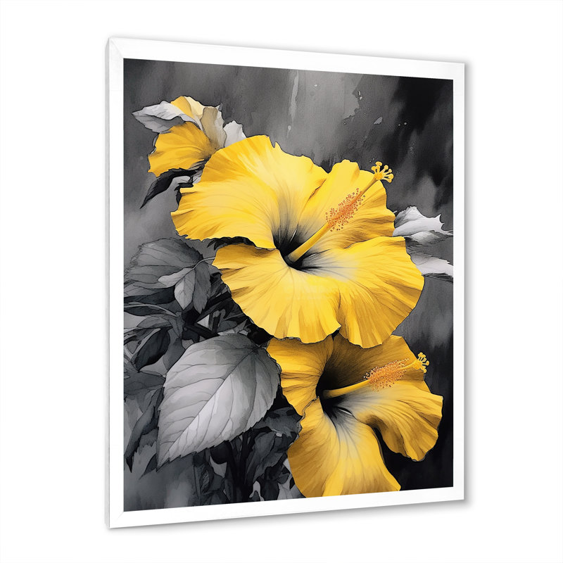 Yellow And Grey Hibiscus Serenade I, White Single Picture Framed, 44" H x 34" W x 1.5" D