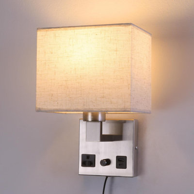 Dimmable Wall Sconce With USB Charging Port & AC Outlet - Plug-In Or Hardwired Fabric Shade Bedside Lamp For Bedroom, Living Room, Hotel