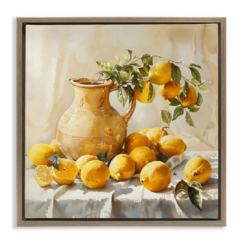 Cadre flottant rétro citrons et pichet, design par LSR Creative Studio, H 25 po x l 25 po, Cadre flottant orme Montalcino