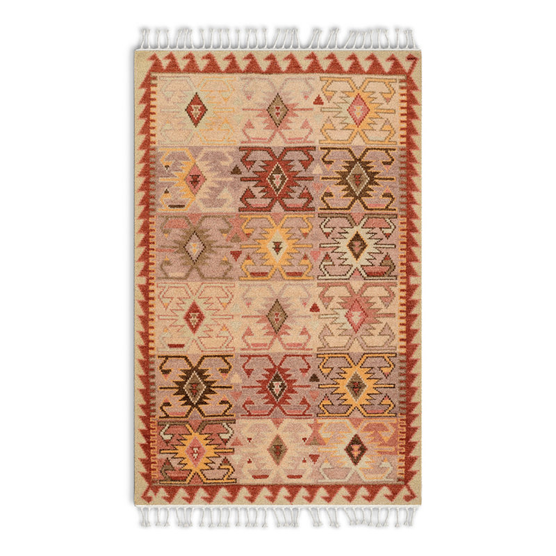 Amabelle Southwestern Hand Knotted Wool Beige/Red/Yellow Area Rug, Rectangle 5' x 8'