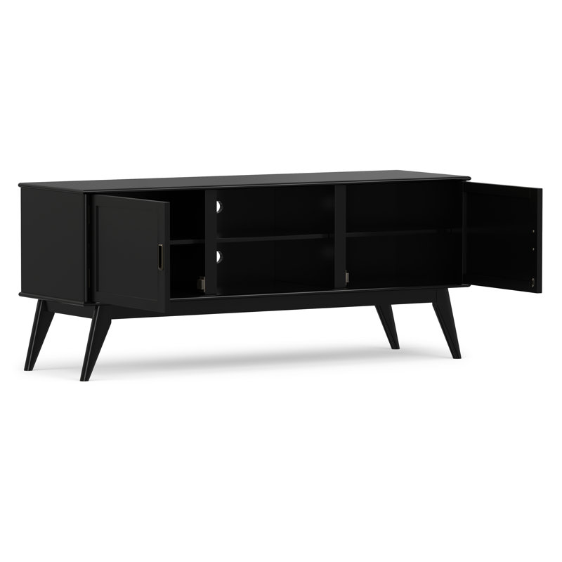 Meuble télé bas de 60 po en bois massif de style moderne Mid-Century pour téléviseur de 65 po ou moins avec 2 armoires et tablettes ouvertes Draper