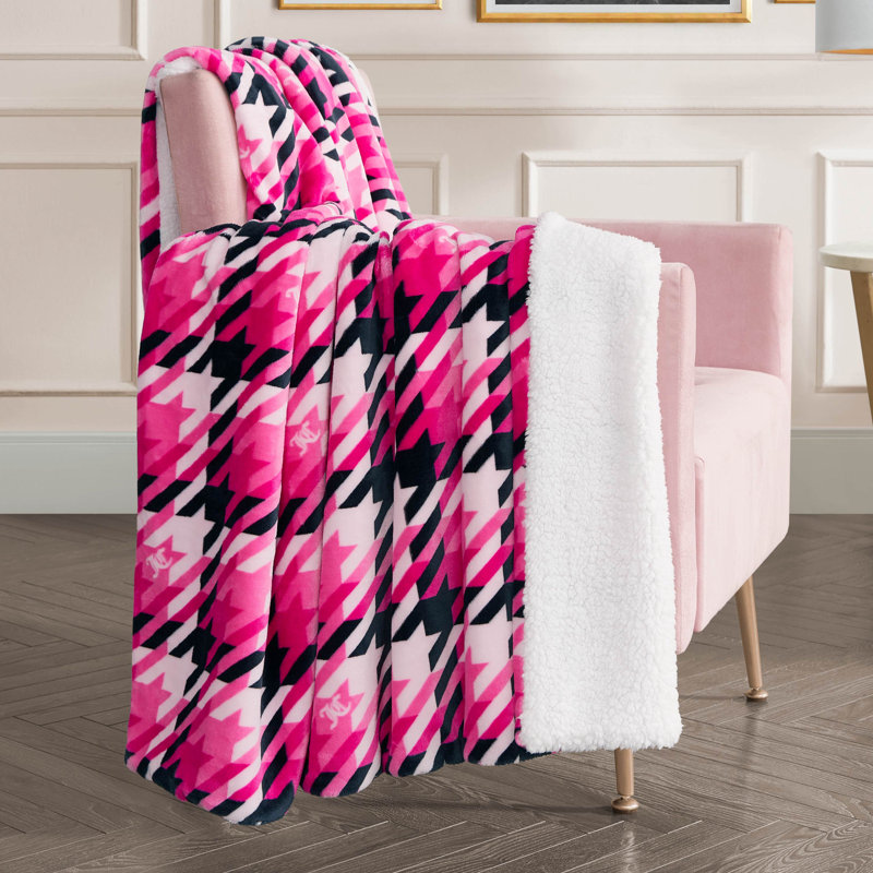 Juicy Couture Plush Reversible Sherpa Throw Blankets, Hot Pink Classic Tweed