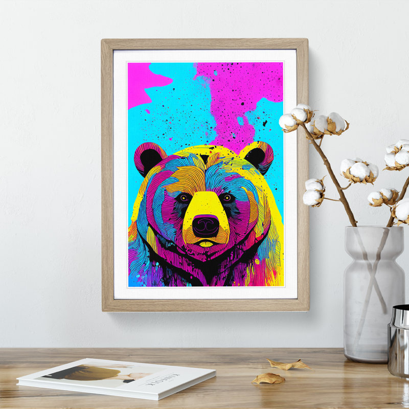 Colourful Bear No.3 - Wall Art, 36cm H x 27cm W x 2cm D, Oak Framed, White