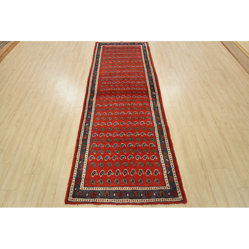 Tapis rouge rétro en laine noué à la main 3 pi 9 po x 10 pi Tribal