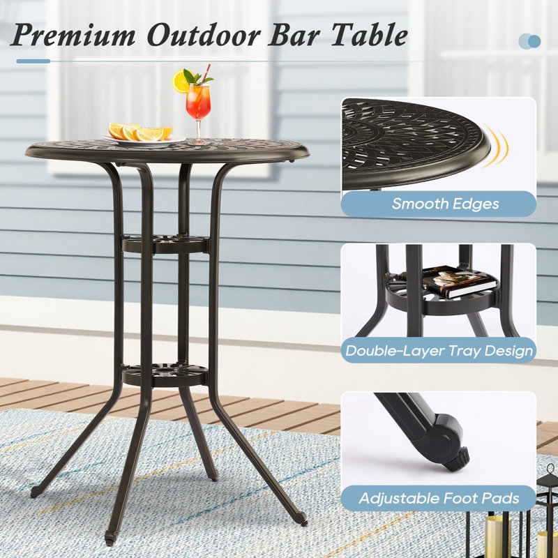 30" Cast Aluminum Patio Bar Table, 41" Height High Top Outdoor Table, Pub Height Bistro Round Table For Paito Lawn Garden, Brown