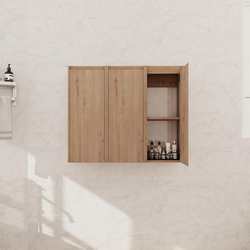 36" Wall Mounted Bathroom Side Cabinet With 3 Soft Close Doors, Imitative Oak