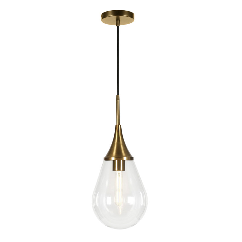 Luminaire suspendu en forme de goutte à 1 lumière Hoye, H 13,88 po x l 8,63 po x P 8,63 po, Transparent, Laiton