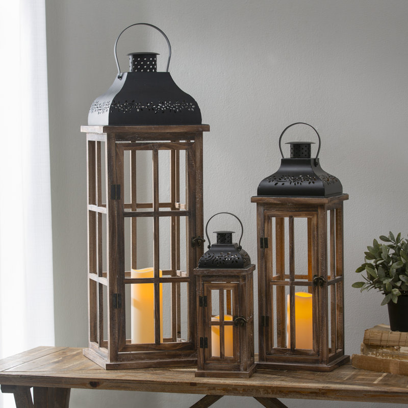 Set Of 3 Nested Wood And Metal Lanterns W LED Candle