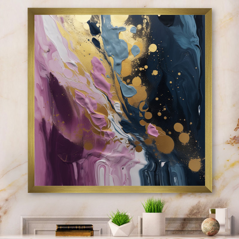 Mauve et bleu mouvements en peinture III - peinture abstraite, art mural, H 24 po x l 24 po x P 1 po, Encadrement doré