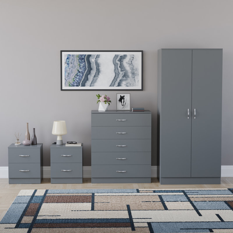 Tayce 4 Piece Bedroom Set (2 Drawer Bedside Cabinet X2, 5 Drawer Chest, 2 Door Wardrobe), Grey