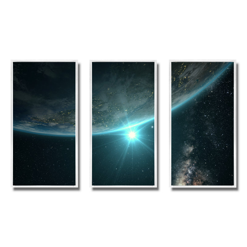 «Sunrise In Earth From Space - Landscape», ensemble de 3 toiles encadrées, H 20 po x l 36 po x P 1 po, Toile avec cadre blanc