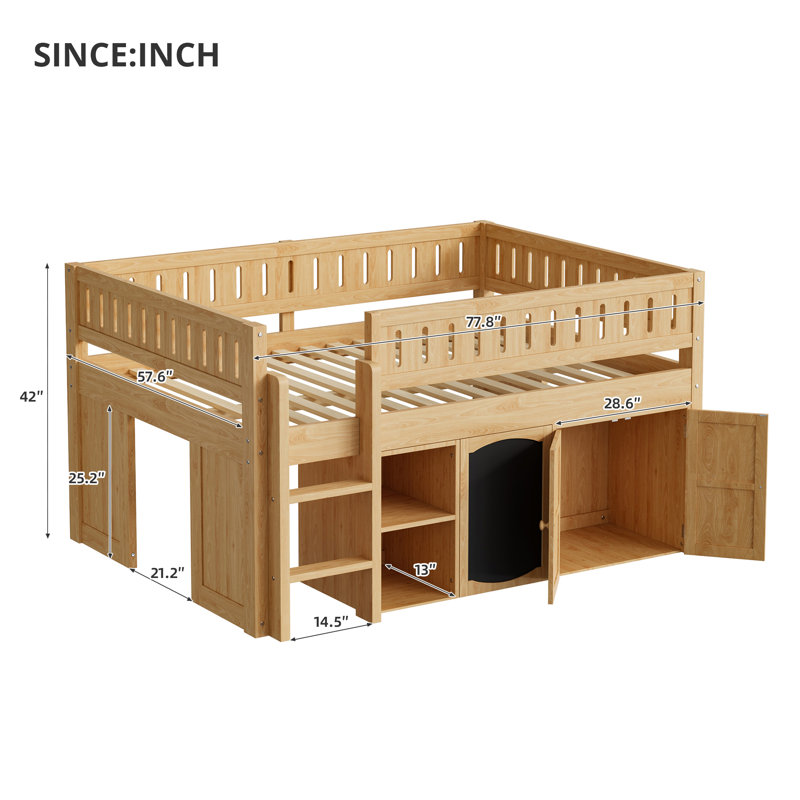 Lit mezzanine double avec armoire de rangement, tablettes et tableau noir, conception compacte en bois massif, naturel