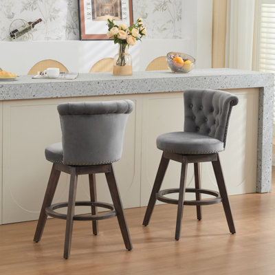 26" Counter Height Bar Stools Set of 2, 360° Swivel Stools with Back & Hand - Tufted Button - Trimmed Edges, Upholstered Velvet Kitchen Counter Stools on Wood Legs, Gray