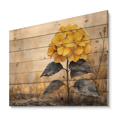 Hydrangées jaunes, foyer II - impression d'hortensias sur bois de pin naturel