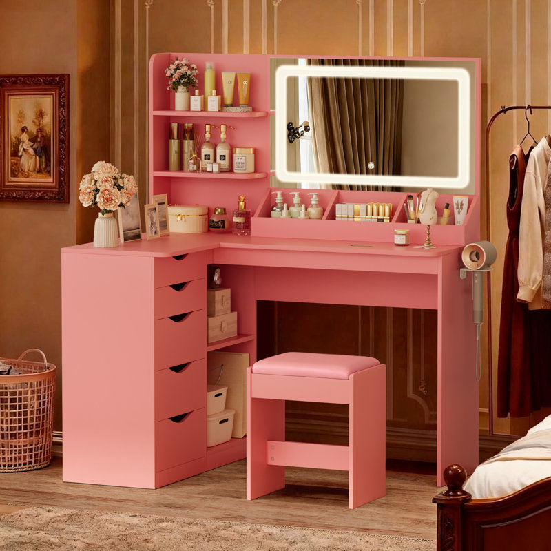 Vanity Desk with Mirror and Lights, Built-in Power Outlets, Storage Drawers & Open Shelves, LED Mirror with 3 Color Modes, Includes Cushioned Stool