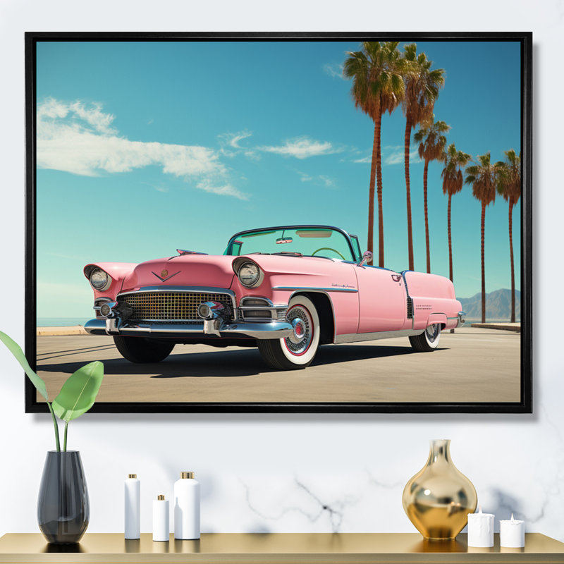 Miami Pink Cadillac III - Transportation Canvas Art Print, H 30 po x l 40 po x P 1,5 po, Cadre flottant noir