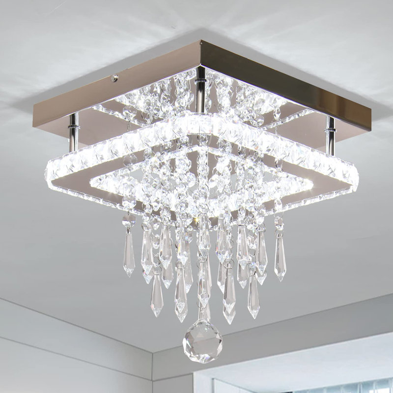 Lustre en cristal Plafonnier carré à DEL en cristal Lustre encastré moderne pour chambre à coucher, cuisine, salle à manger, couloir, salon (blanc froid)