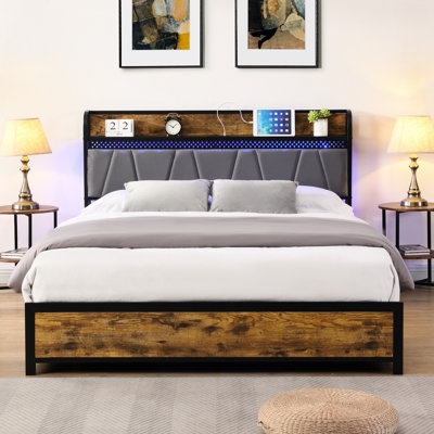 Bed Frame With 4 Underbed Drawers, Modern Bed With Charging Station & LED Light