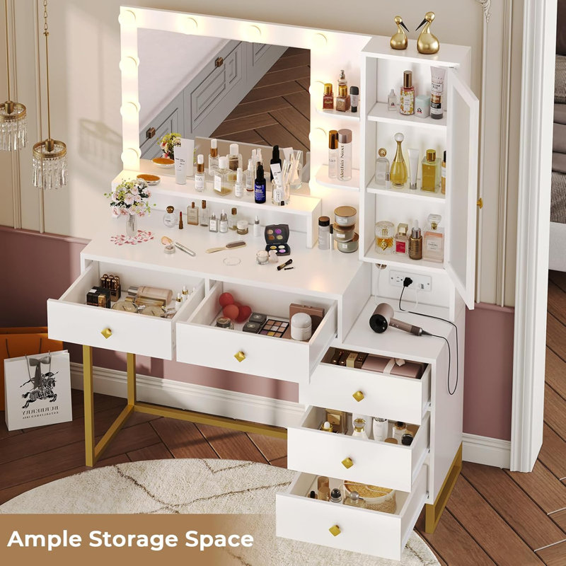 Coiffeuse de maquillage avec lumières et station de charge, grand bureau de coiffeuse avec miroir et lumières, table de maquillage avec 5 tiroirs et tablettes, blanc et doré