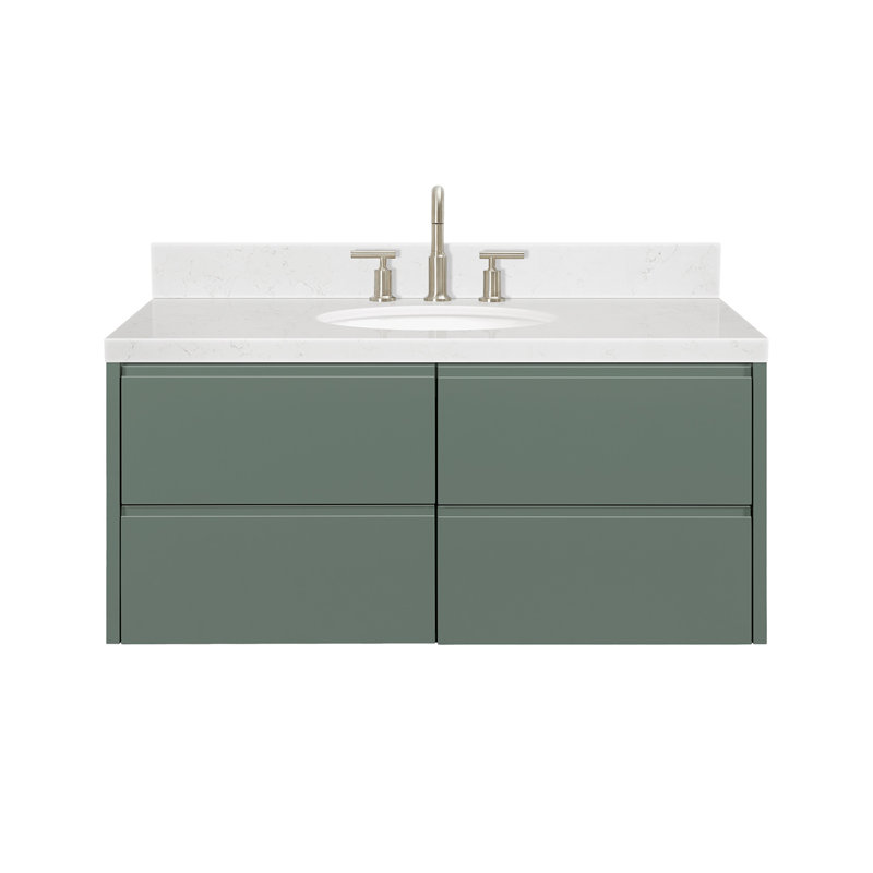   Ensemble de meuble-lavabo mural ovale simple 48 po avec comptoir à quartz blanc Carrara, Ensembles 48 po, Ovale, Vert rétro