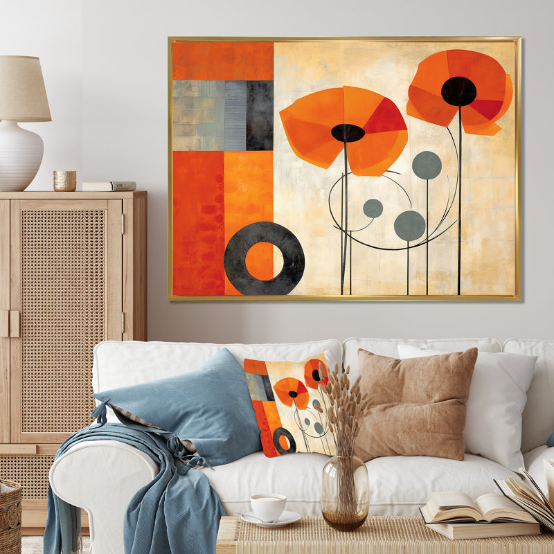 Fleurs cubiques orange vif - art mural abstrait géométrique pour le salon, Cadre flottant doré, H 16 po x l 32 po x P 1 po