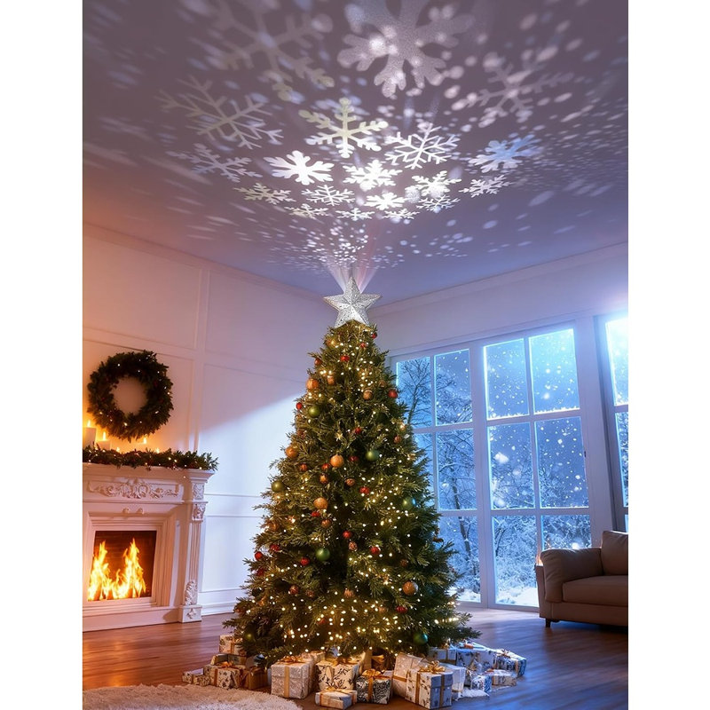 Étoile creuse argentée 3D pour sapin de Noël avec projecteur de flocons de neige rotatif