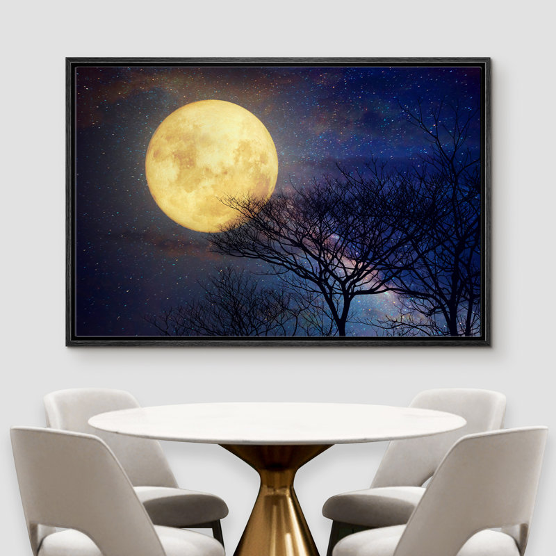 «Bare Branches Under The Full Moon In The Starry Sky - Floater Frame», impression sur toile, Cadre noir