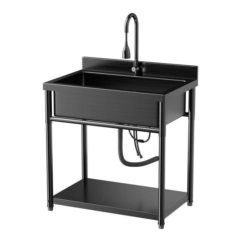 Évier utilitaire noir en acier inoxydable robuste avec robinet coulissant et tablette de rangement portative de 300 lb pour la salle de lavage