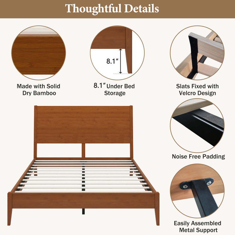 Base de lit plateforme avec lattes en bois et support en métal, Queen, Walnut